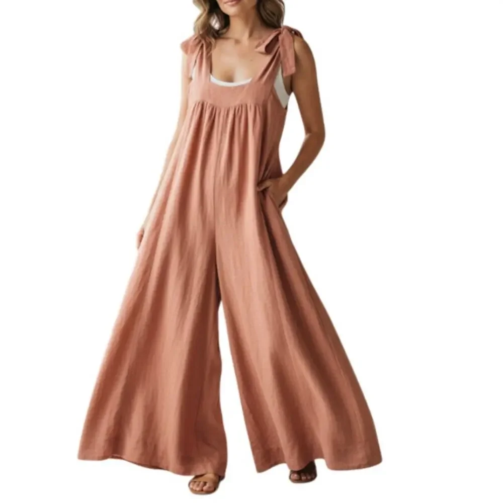 FREE PEOPLE Oversize Tie Strap Wide Leg Overall Jumpsuit Sz XS Coastal Boho NWT